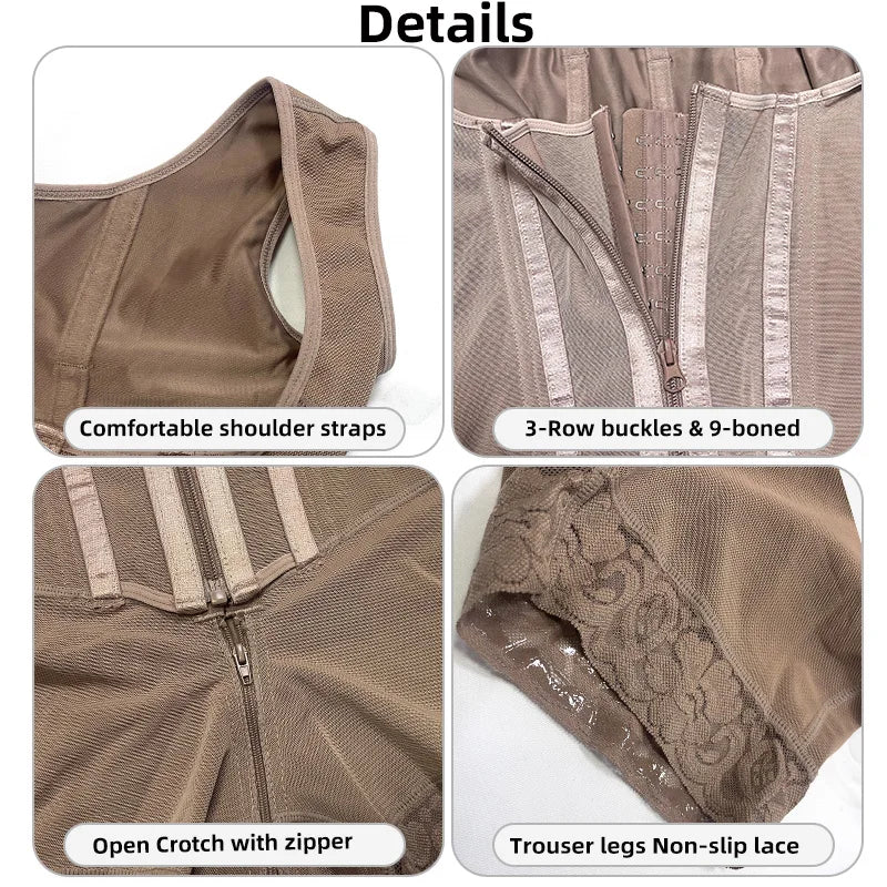 Fajas Shapewear Bodysuit Body Shaper Women 9-bone High Compression Girdles Double Tummy Control Full Body Open Crotch