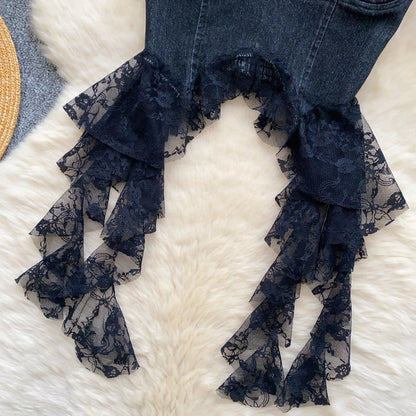 Lace Splice Denim Tops Female Strapless Sleeveless Elastic Slim Fit Camsiole Summer Streetwear Irregular Tank Tops