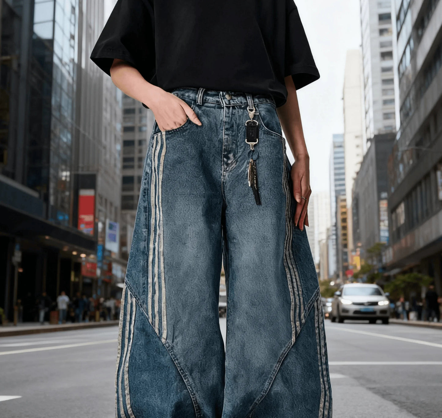 Women Wide Leg Jeans Vintage Y2K Reconstruction Custom Distressed Wash Stripe Denim Pants Trendy Comfort Fit