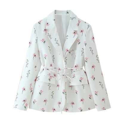 Women's Floral Print Blazer, White Pink Flower Casual Suit Jacket, Notch Lapel Loose Outwear with Tie Waist, Spring Daily Wear
