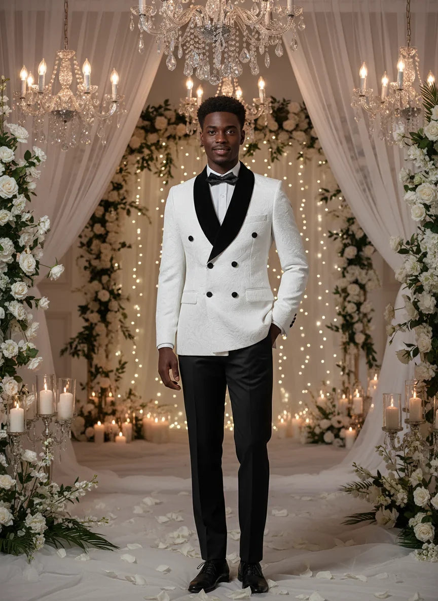 Double-Breasted Groom's Wedding 2 Piece Set White Party Outfit for Man Slim Fit Tasdo Shawl Collar Evening Gown Dinner Suit