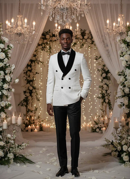Double-Breasted Groom's Wedding 2 Piece Set White Party Outfit for Man Slim Fit Tasdo Shawl Collar Evening Gown Dinner Suit
