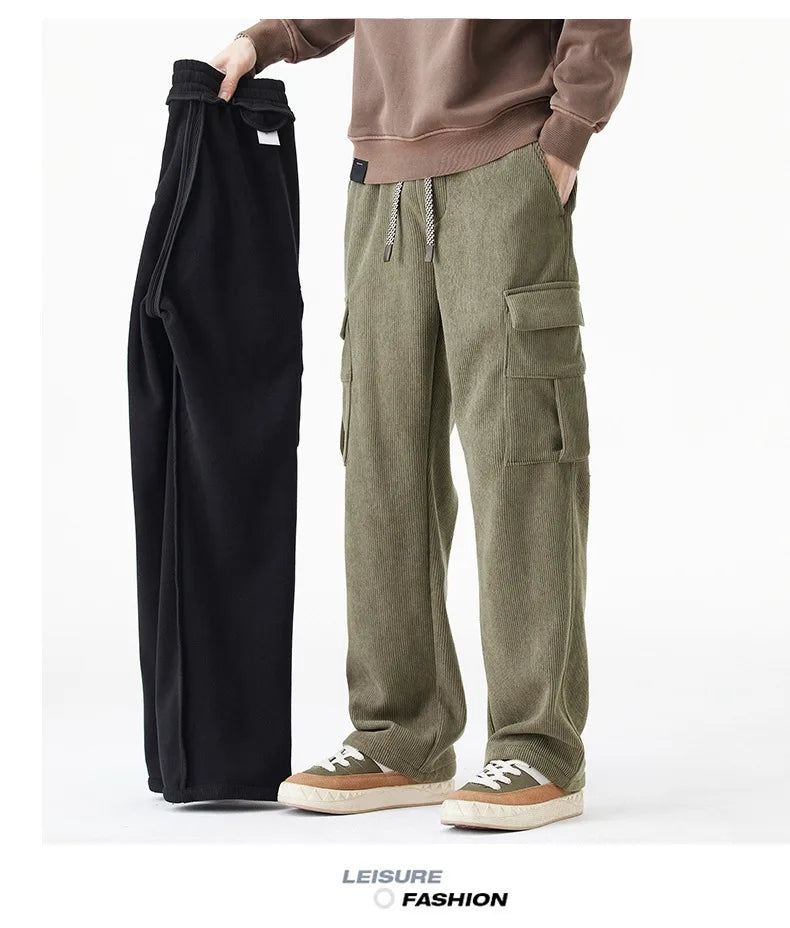 2026 New in Winter Corduroy Pants Men Straight Wide Leg Cargo Trouser Male Elastic Waist Loose Fit Thick Brown Warm Fleece Plush