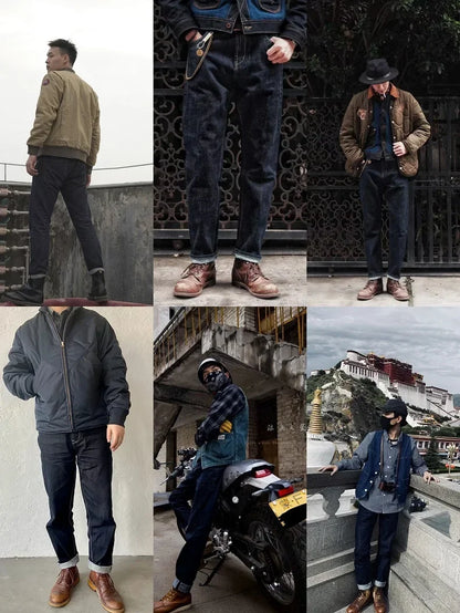 Vintage Raw Denim Jeans for Men 14.8 OZ Jeans Denim Washed Straight Tapered Fit Pants Mid Waist Casual Trousers