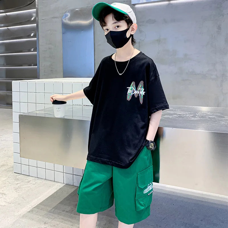 Summer Boys Cotton Leisure Loose Contrast Alphabet T-Shirt Top+Shorts Pant Set School Kids 2PCS Tracksuit Children Outfit 5-16Yr