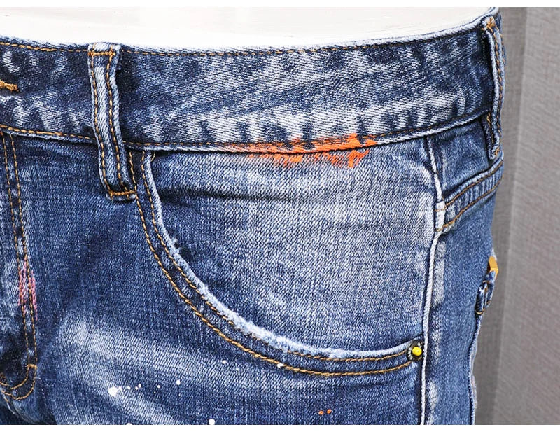 Fashion Streetwear Men Jeans Retro Black Blue Elastic Slim Fit Ripped Jeans Men Spliced Designer Embroidery Hip Hop Denim Pants
