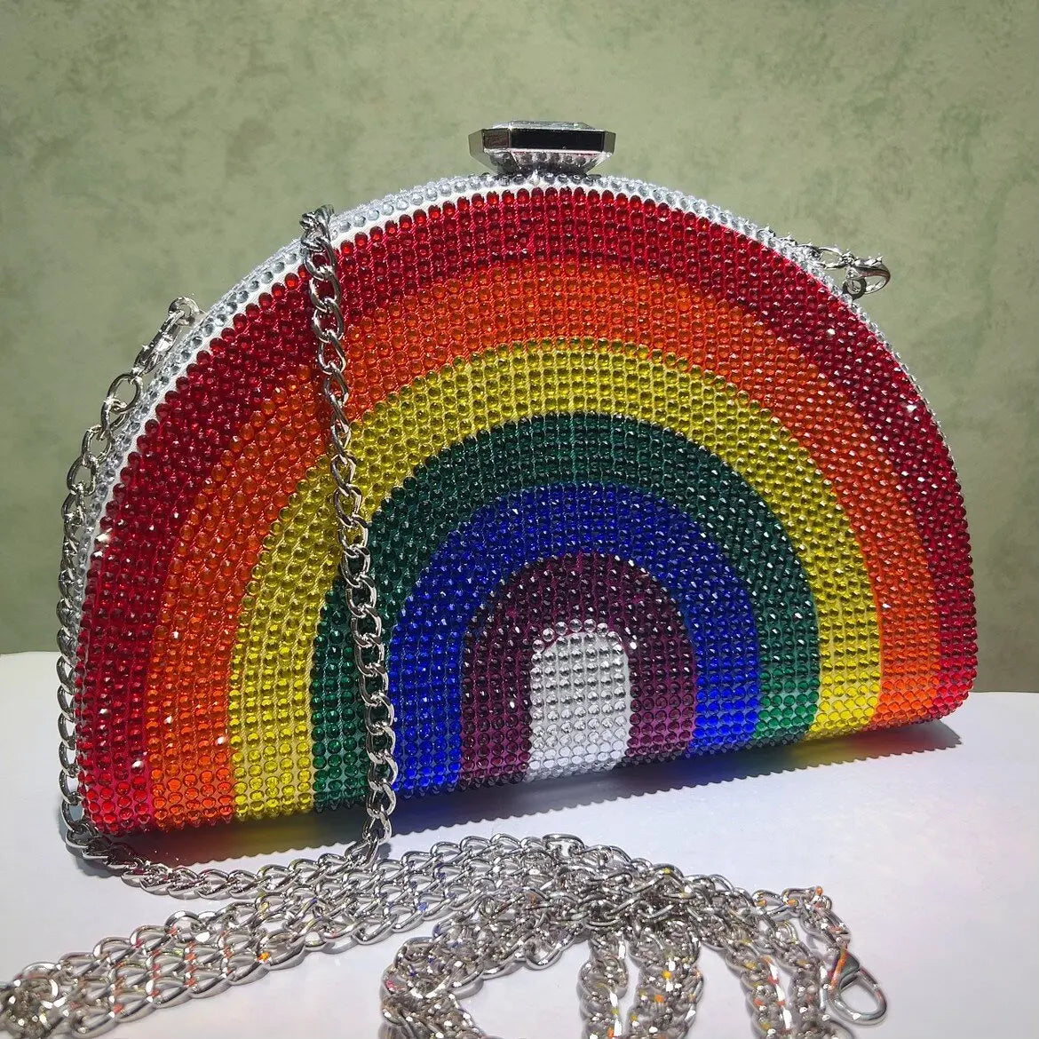 Rainbow Color Crystal Evening Clutch Bags Wedding Party Chain Bag Women Boutique Half Moon Rhinestone Purses And Handbags
