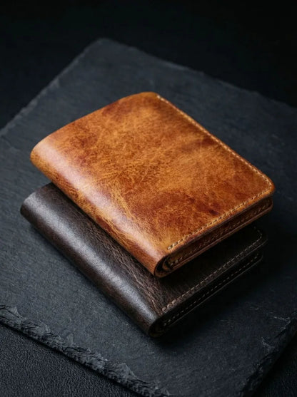 Ultra-Durable Men's Leather Short Wallet, Scratch-Resistant Hand-Rubbed Top Grain Leather Card Holder, Minimalist Travel Wallet