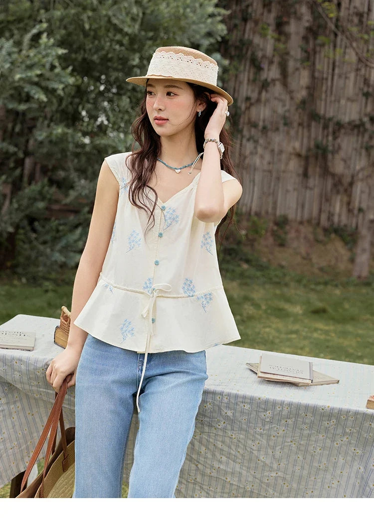 Print French Summer Shirts for Women New 2025 Sleeveless V-neck Blue Flower Cotton Blouses Female Fashion Tops MXE32X1777