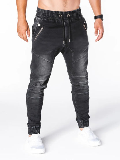 Men Jeans Pencil Pants Elastic Waist Drawstring Lace Up Pockets Washed Distressed Ankle Length Trousers 2025 Streetwear Denims