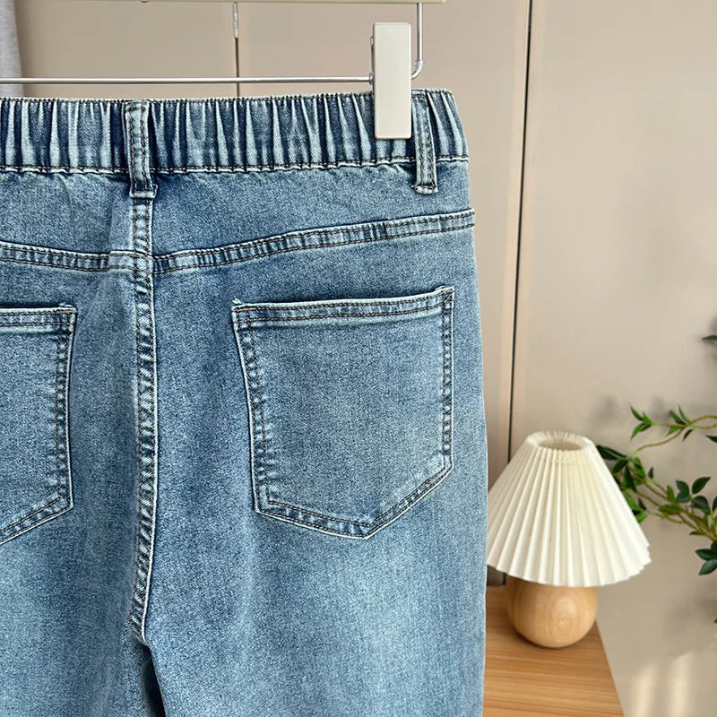 Women's Split Leg Opening Drainpipe Jeans, Casual Ankle Length Denim Pants, Straight Leg, Plus Size, Spring, Autumn, 100kg, 1649