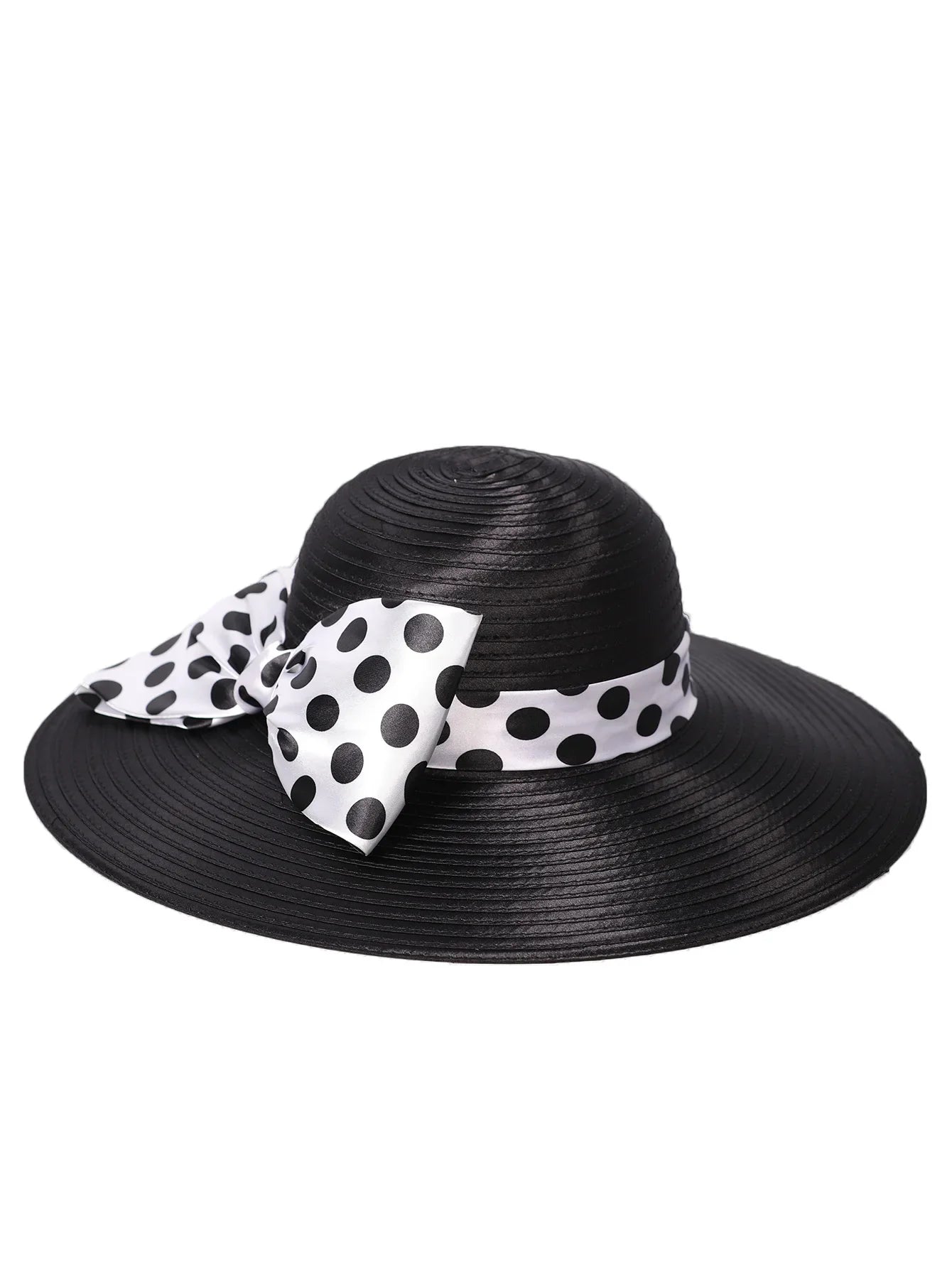 Elegant Women Wide Brim Rose Black Patchwork Polka Dots Kentucky Hat For Wedding Party Hat Big Bowknot Fedora Beach Cap