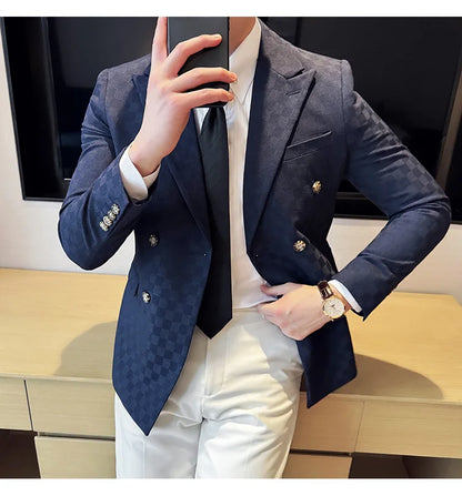 6 Color Fashion Double Breasted Plaid Suit Jacket Luxury Men Slim Fit Business Social Wedding Formal Suit Coats Plus Size 5XL-M