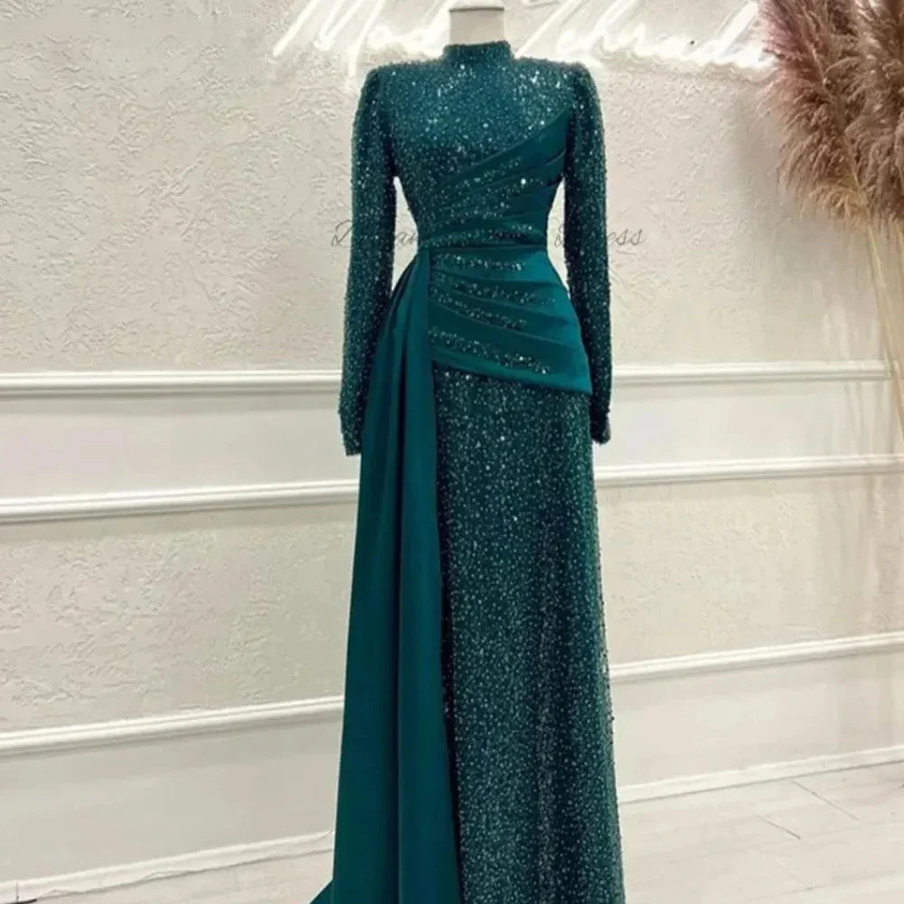 Customized High Neck Glitter Mermaid Prom Dresses Elegant Long Sleeves Floor-Length Formal Evening High Quality Classic Retro Ex