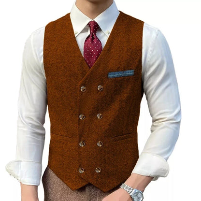 Men Vest Brown Solid Double ButtonTweed Slim Casual Business Waistcoat Jacket For Wedding Party Banquet Prom Set