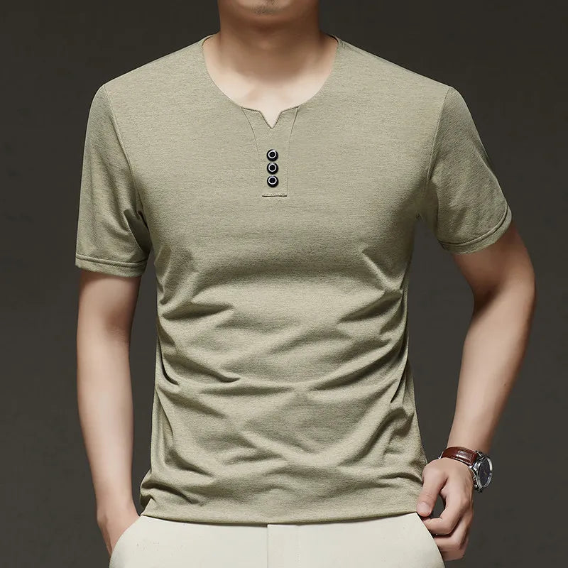 2026 New Men's Business Casual Three Button V-neck Short Sleeved T-shirt Korean Style Summer Comfortable Versatile Top