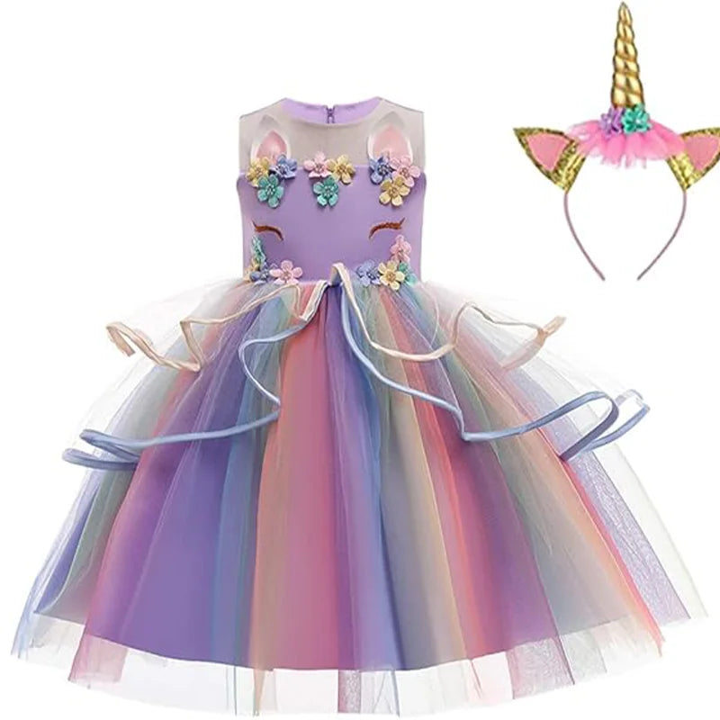 Dreamy Girl Embroidery Sleeveless Unicorn Mesh Princess Dress With Hair Hoop Wing For Kids Party Performance Birthday Gift 2-10T