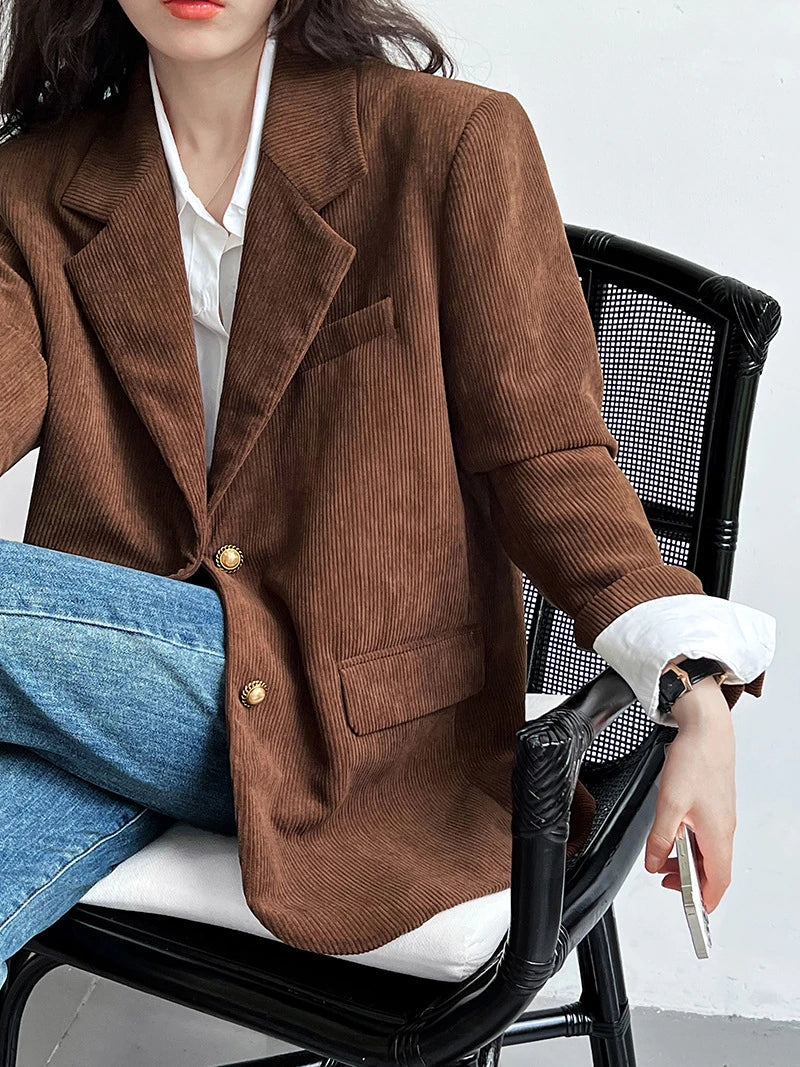 Brown Corduroy Suit Jackets Women's Spring New Fashion Loose Casual Blazers Notched Collar Single Breasted Pockets Female Tops