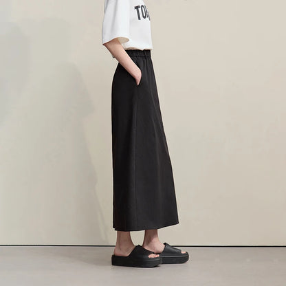 Women's Skirt 2026 Summer New Leisure Elastic Waist Slit A-Line Midi Skirt Women's Loose Embroidered Woman Clothes 12621058