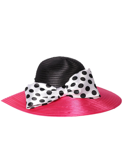 Elegant Women Wide Brim Rose Black Patchwork Polka Dots Kentucky Hat For Wedding Party Hat Big Bowknot Fedora Beach Cap