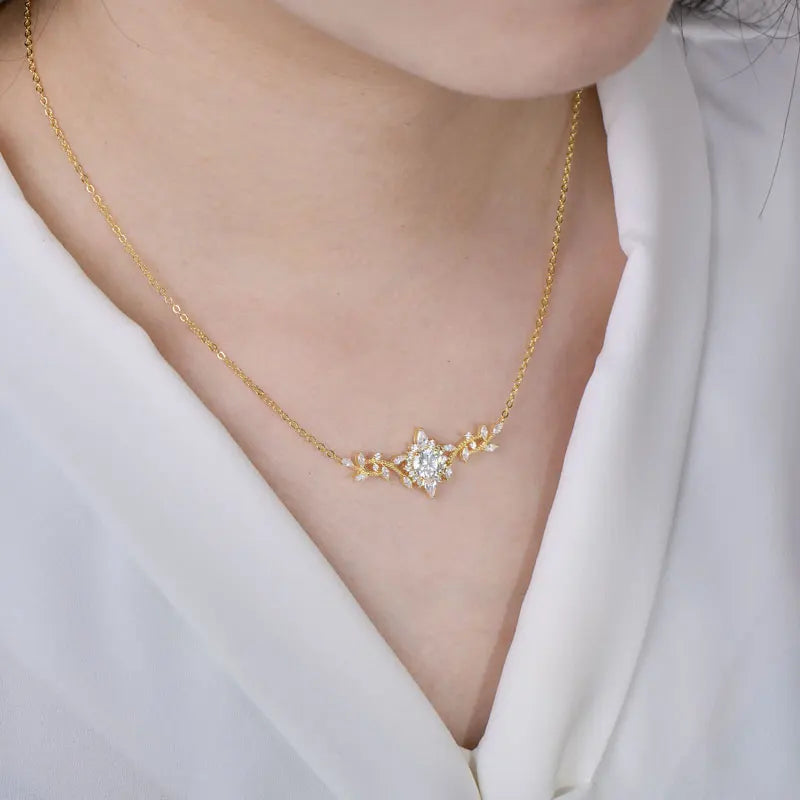 Certificated Moissanite Necklace 14K Gold Filled Sophisticated Floral Leaf Pendant Necklaces for Women Wedding Jewelry