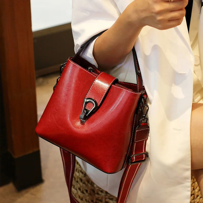 Real Cowhide Leather Women's New Bucket Bag Lady Fashion Single Shoulder Messenger Bag Versatile Handbag Casual Crossbody Bags