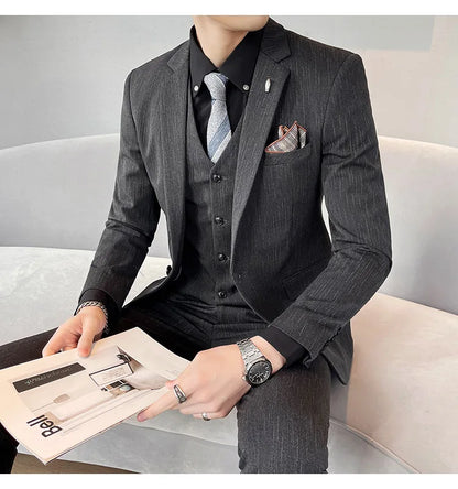 ( Blazer + Vest + Pants ) High-end Formal Casual Business Striped Fashion Men's 3 Piece Suit Groom Wedding Dress Suit