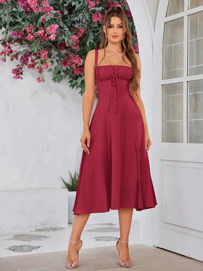 Summer Sweet Solid Sleeveless Long Dress Women Fashion Bandage Camisole Dresses Padded Boned Robe Elegant Party Vestidos