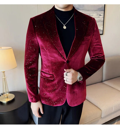 High Quality Velvet Bronzing Suit Coats Mens Sparkle Elegant Slim Business Suits Jacket Homme Formal Social Prom Party Tuxedos