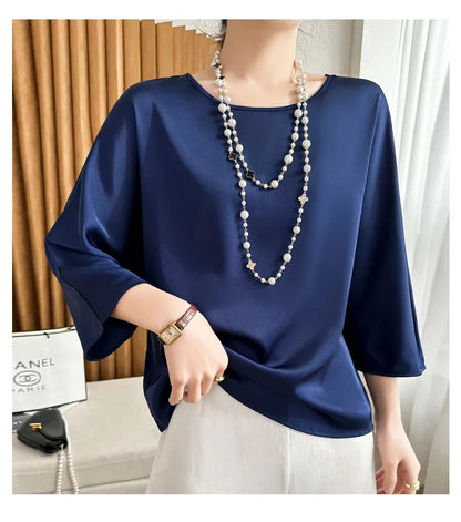 Summer New Short-Sleeved Acetic Acid Satin Round Neck Loose Joker T-Shirt Women's Mid-Sleeve Five-Point Sleeve Jacket Short