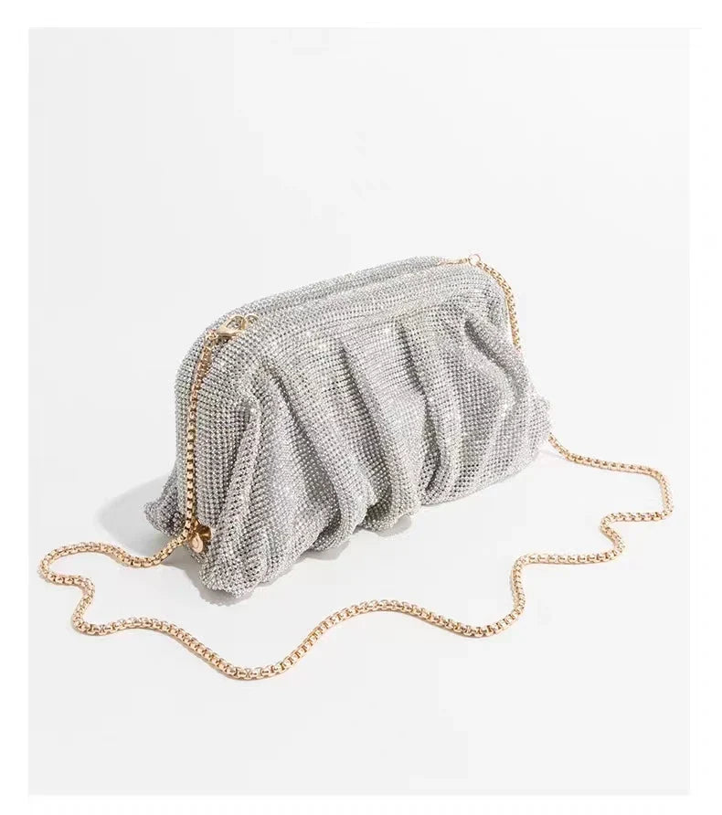 Shiny Silver Rhinestone Clutch Bags Women 2023 Luxury Designer Trending Boutique Folds Crystal Purses and Handbags Wedding Party