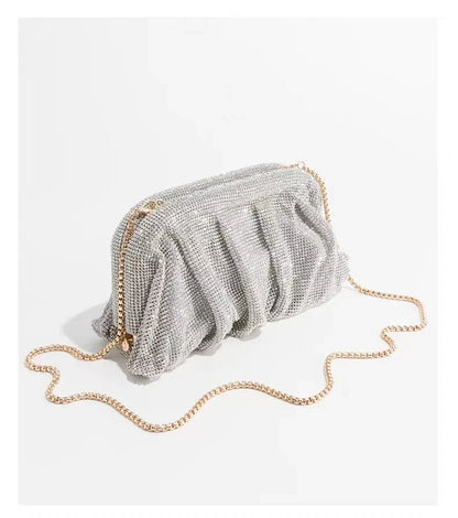 Shiny Silver Rhinestone Clutch Bags Women 2023 Luxury Designer Trending Boutique Folds Crystal Purses and Handbags Wedding Party