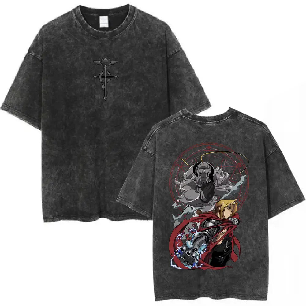 Anime Fullmetal Alchemist Washed T Shirts Edward Elric Alphonse Elric T-Shirt Men's Women Fashion Casual Oversized T-shirts Tops