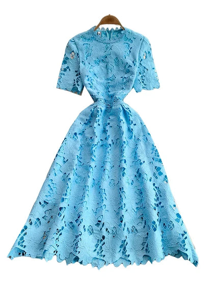 Ele Summer Lace round Ne Dr Women's High Waist Slimming Long Skirt Korean Sle Commute High Softn Regular Sve