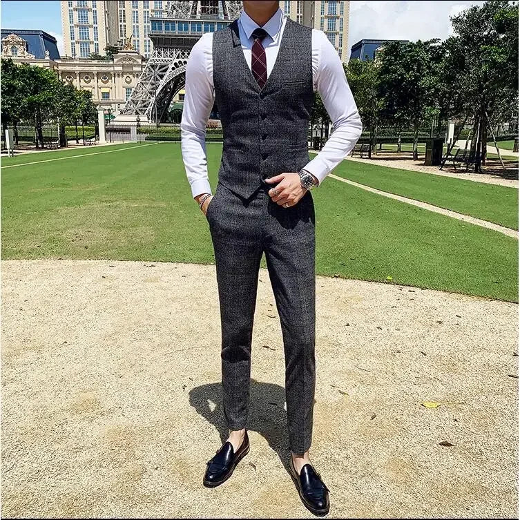 Men's Suit 3 Piece, Business Casual Jacket Vest with Trousers, Gray Dark Brown Slim Fit Suit, Asian Size M-5XL