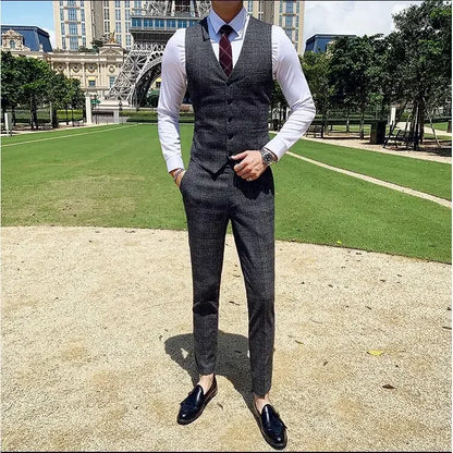 Men's Suit 3 Piece, Business Casual Jacket Vest with Trousers, Gray Dark Brown Slim Fit Suit, Asian Size M-5XL