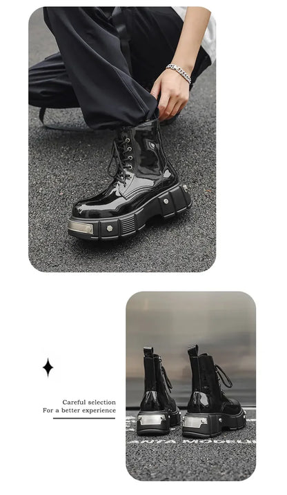 New Men Goth Platform Boots Fashion Rivet Lace Up Punk Wedges Chunky Heels Men Boots Party Street Patent Leather Men Shoes