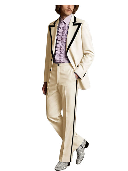 Men's Tuxedo Suit with Black Trim 2-Piece Slim Fit Blazer Pants Set Business Casual Jacket Straight Leg Trousers Formal Outfit