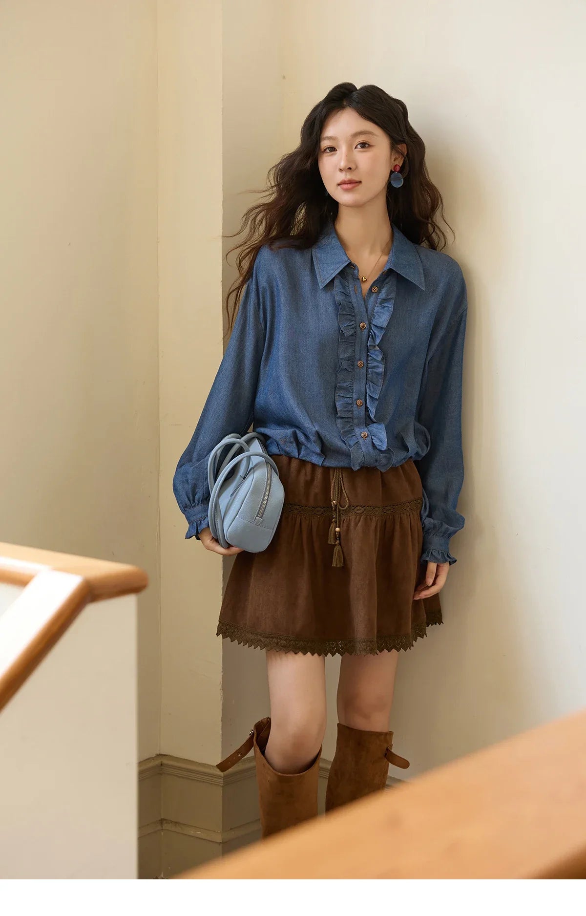 Blue Lyocell Imitation Denim Shirt for Women Autumn 2025 Ruffled Placket Contrasting Button Waist Cinc Shirt MXE43C2386
