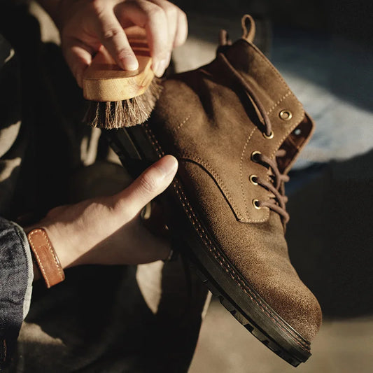 Men Vintage Split Suede Fleece-lined Boots Brown High-Top Work Boots Lace-Up Desert Ankle Rugged Sole Boots Outdoor Shoes