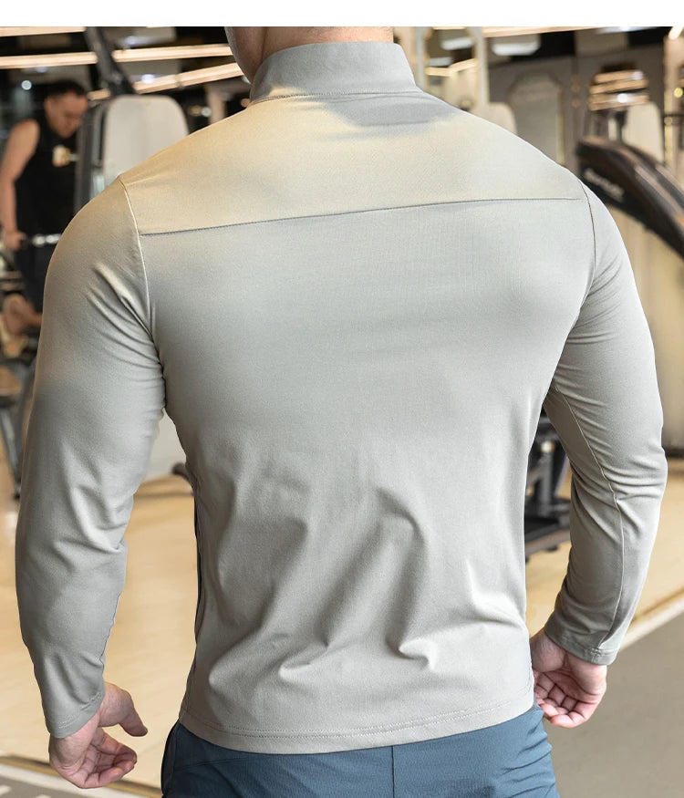 Quick Drying Clothes Men Autumn Sports T-shirt Stand Neck Loose Long Sleeved Outdoor Running Tracksuit Breathable Half Zip Top
