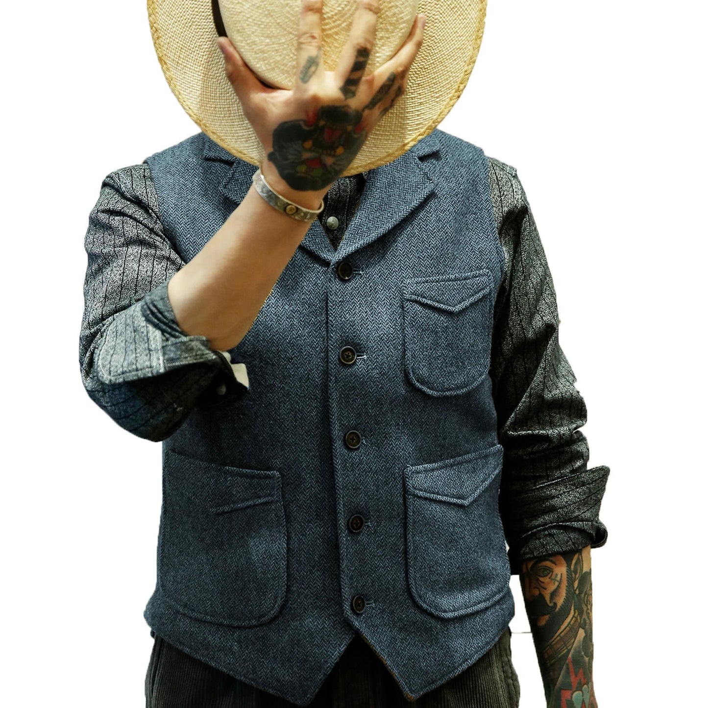 Men's British Casual Suit Vest Herringbone Tweed Vest Notch Lapel Business Dress Waistcoat