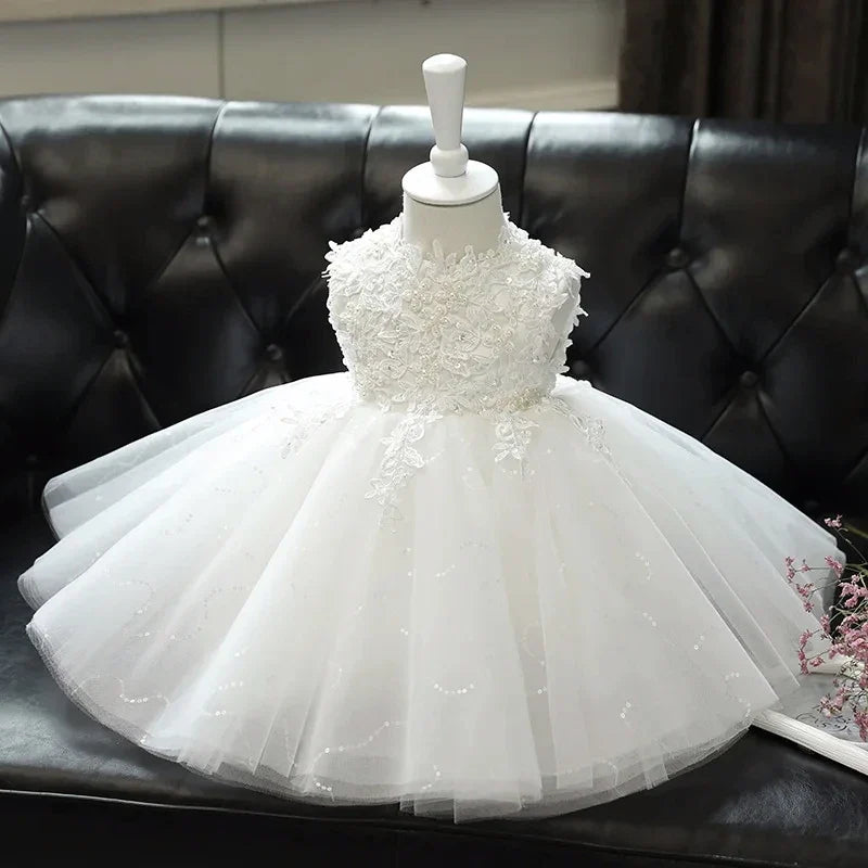 Children White Lace Tulle Dresses Evening Party Kids Sleeveless Ball Gowns 1st Birthday Baby Girl Princess Ceremonial Dress