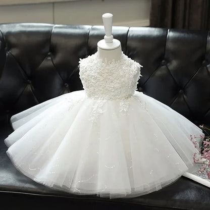 Children White Lace Tulle Dresses Evening Party Kids Sleeveless Ball Gowns 1st Birthday Baby Girl Princess Ceremonial Dress