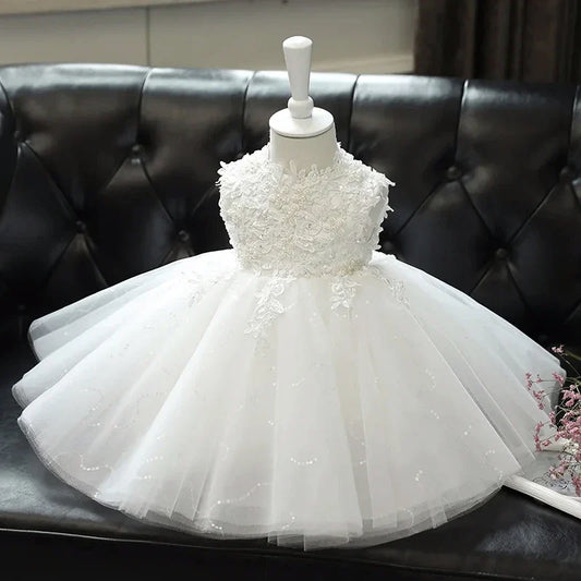 Children White Lace Tulle Dresses Evening Party Kids Sleeveless Ball Gowns 1st Birthday Baby Girl Princess Ceremonial Dress