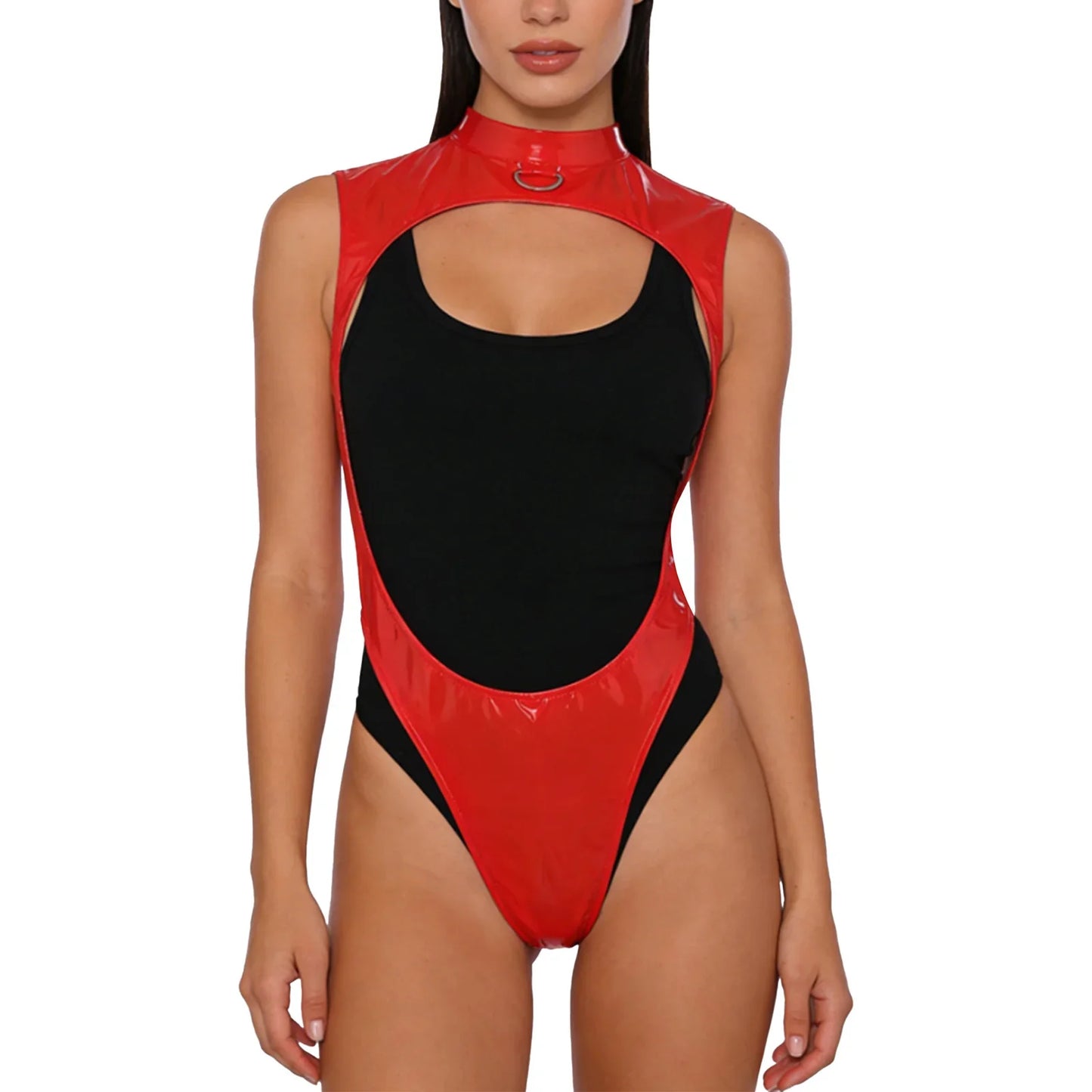 Womens Glossy PU Leather Bodysuit Wit Metal D-ring Open Front Backless High Cut Leotard Jumpsuit for Nightclub Rave Party