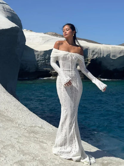 2026 New Women Sexy Lace Patchwork White Maxi Dress Flared Sleeve Off Shoulder Bodycon Gowns Lady Evening Night Party Robes