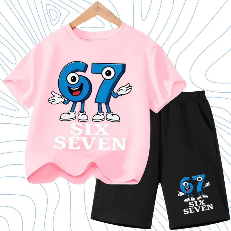 New 67 Number Six Seven Print Kids Cool Summer T-shirt 3-12Yrs Clothes Cartoon Short-sleeved+Shorts Boys Girls Sports Casual Set