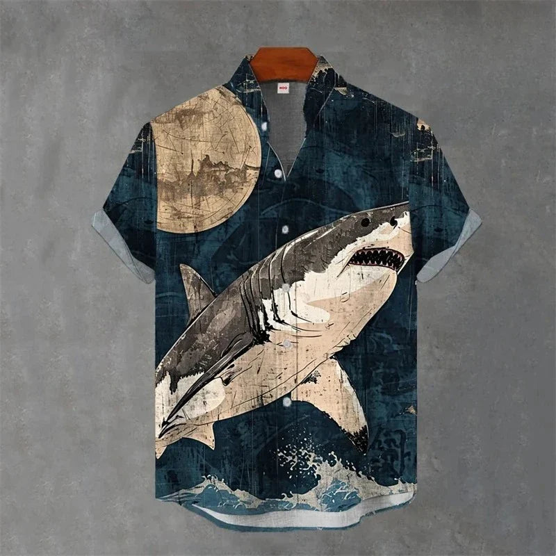 Japanese Animal Graphic Men's Shirt Summer Casual Short Sleeve Tops Hawaiian Tiger Shirts Men Oversized Lapel Button T-Shirt Man