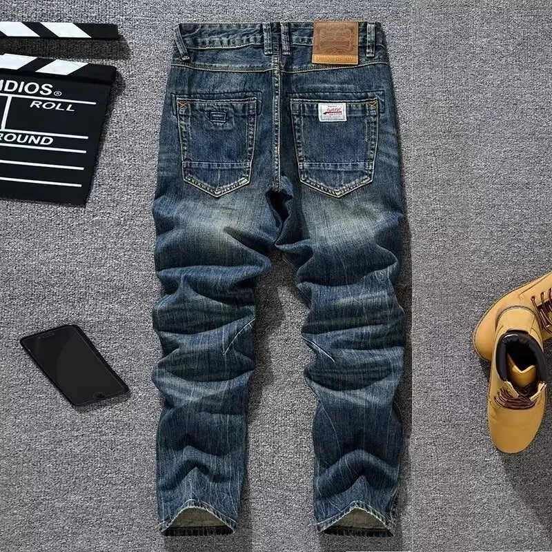 Spring Autumn Trendy Vintage Washed Jeans Men's Loose Straight Leg Fashionable Youth Casual Cotton Denim Anti-Bacterial